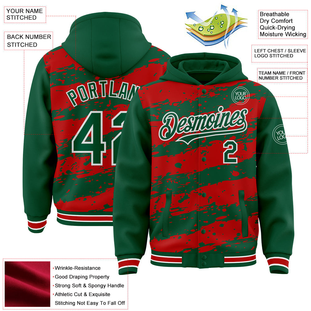 Custom Red Kelly Green-White Splash 3D Pattern Design Bomber Full-Snap Varsity Letterman Hoodie Jacket view 4