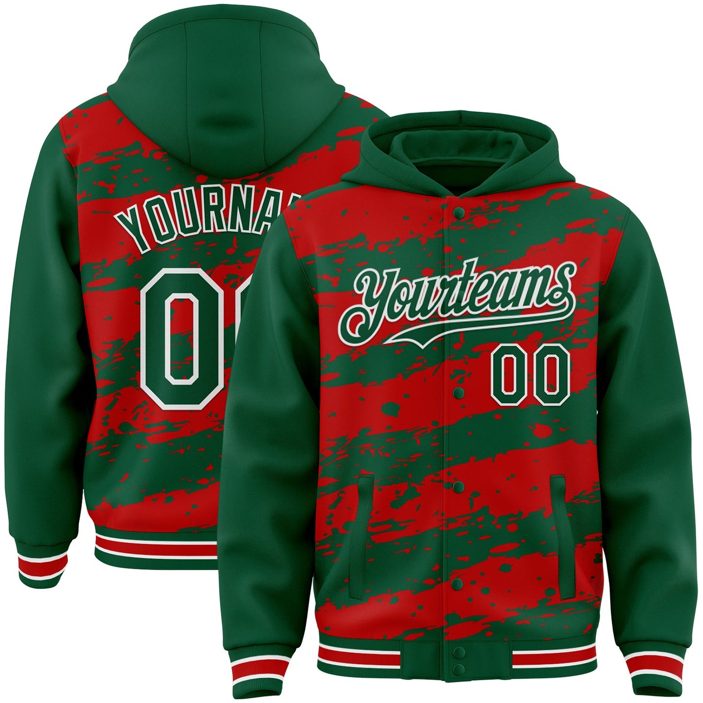 Custom Red Kelly Green-White Splash 3D Pattern Design Bomber Full-Snap Varsity Letterman Hoodie Jacket - Main View