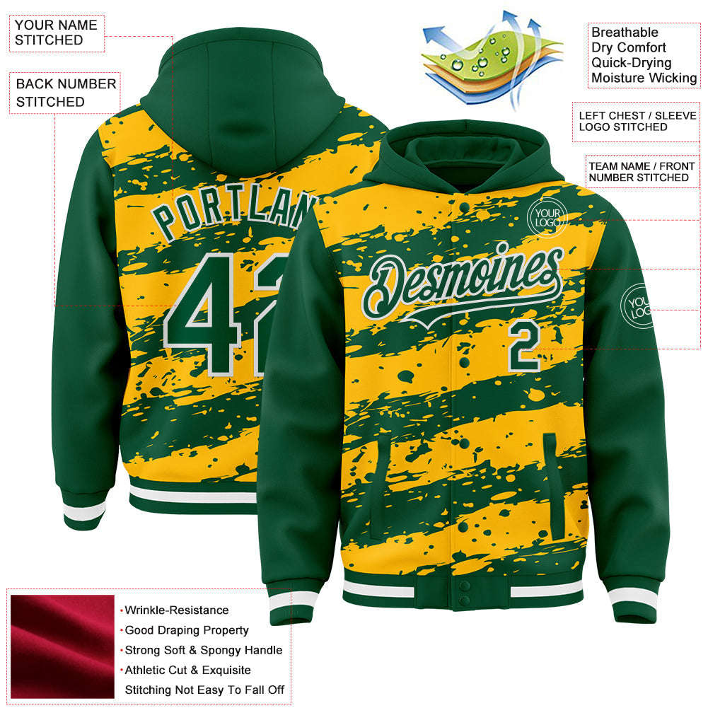 Custom Gold Kelly Green-White Splash 3D Pattern Design Bomber Full-Snap Varsity Letterman Hoodie Jacket view 4