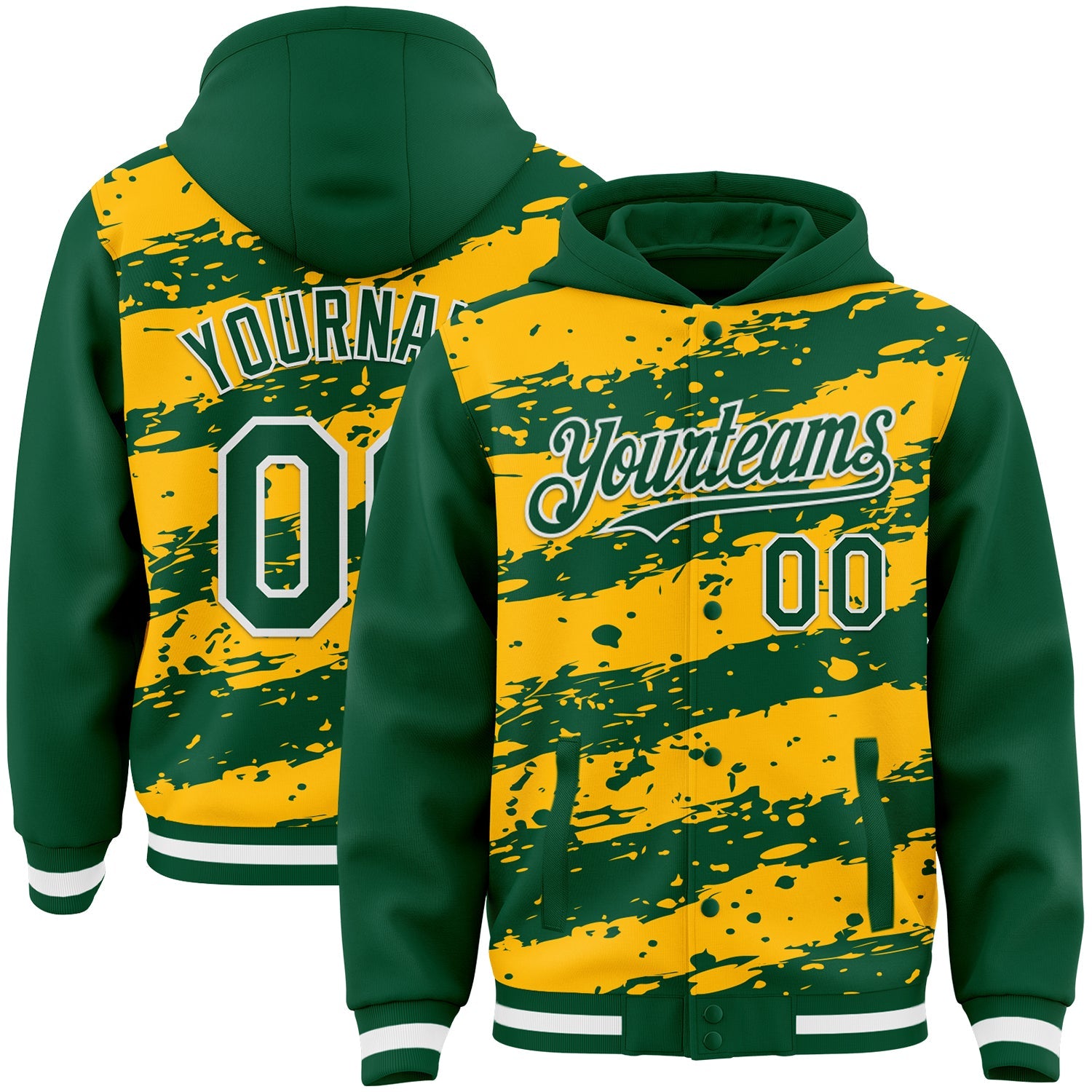 Custom Gold Kelly Green-White Splash 3D Pattern Design Bomber Full-Snap Varsity Letterman Hoodie Jacket - Main View