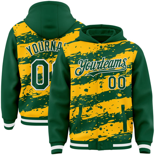 Custom Gold Kelly Green-White Splash 3D Pattern Design Bomber Full-Snap Varsity Letterman Hoodie Jacket - Main View