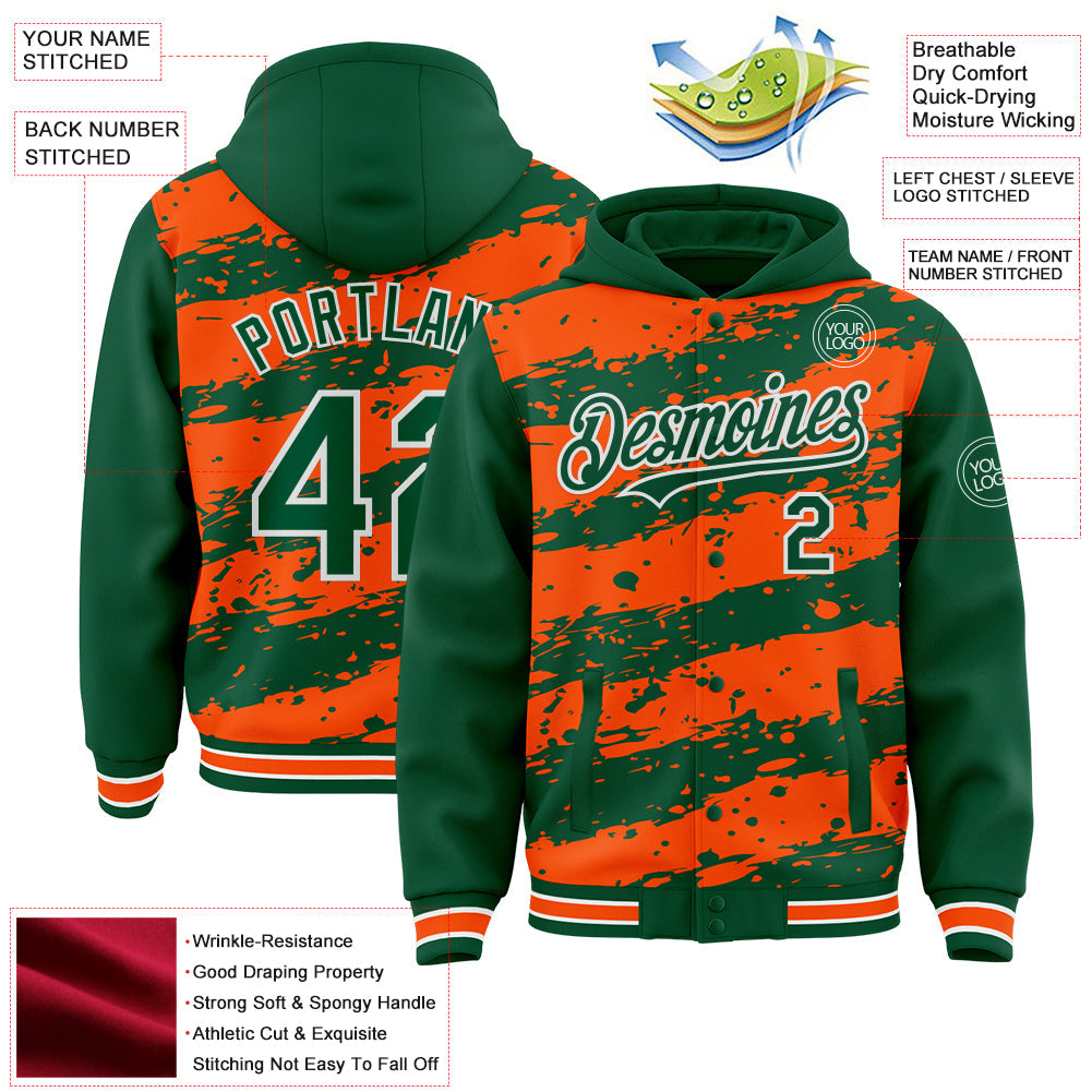 Custom Orange Kelly Green-White Splash 3D Pattern Design Bomber Full-Snap Varsity Letterman Hoodie Jacket view 4