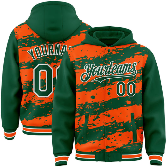 Custom Orange Kelly Green-White Splash 3D Pattern Design Bomber Full-Snap Varsity Letterman Hoodie Jacket - Main View