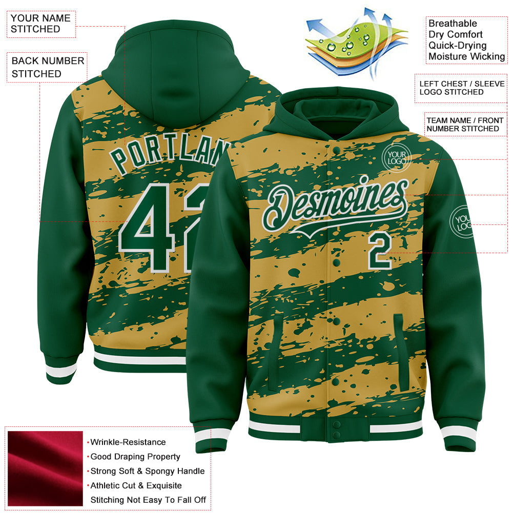 Custom Old Gold Kelly Green-White Splash 3D Pattern Design Bomber Full-Snap Varsity Letterman Hoodie Jacket view 4