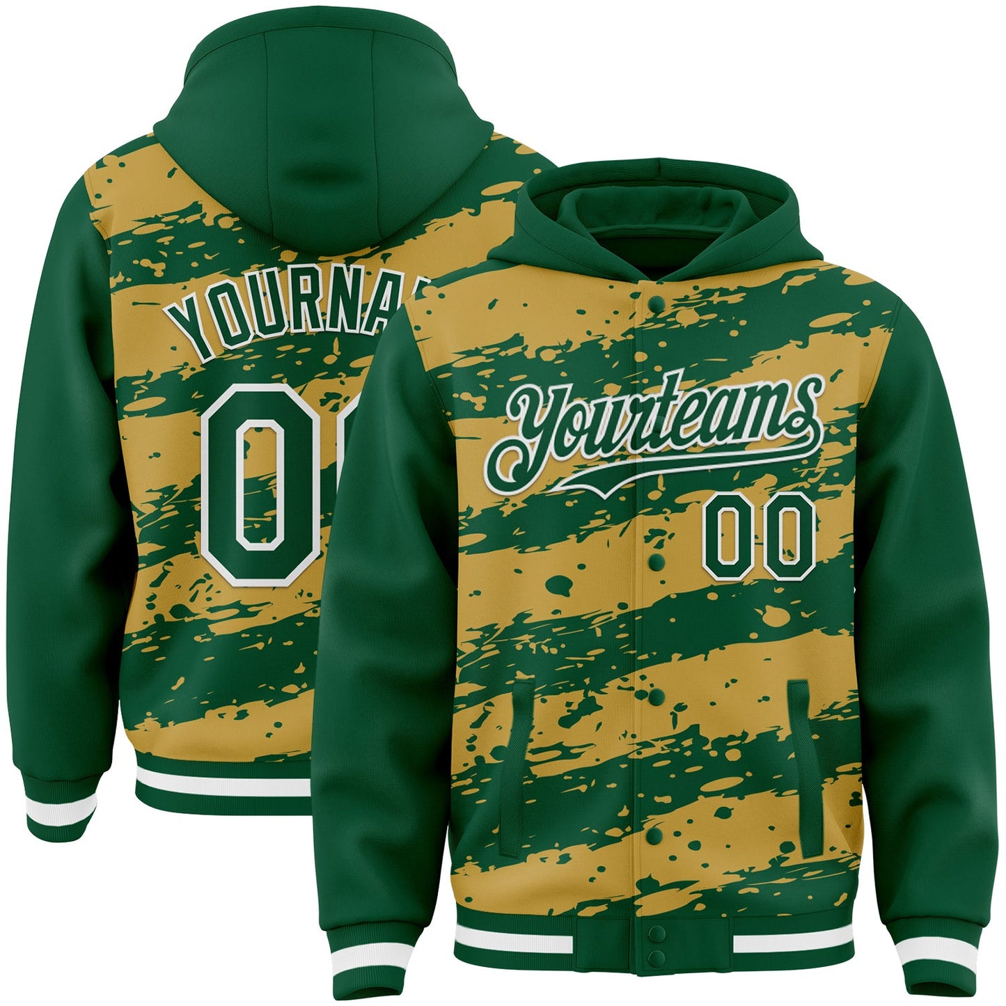 Custom Old Gold Kelly Green-White Splash 3D Pattern Design Bomber Full-Snap Varsity Letterman Hoodie Jacket - Main View