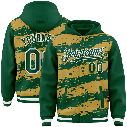 Custom Old Gold Kelly Green-White Splash 3D Pattern Design Bomber Full-Snap Varsity Letterman Hoodie Jacket - Main View