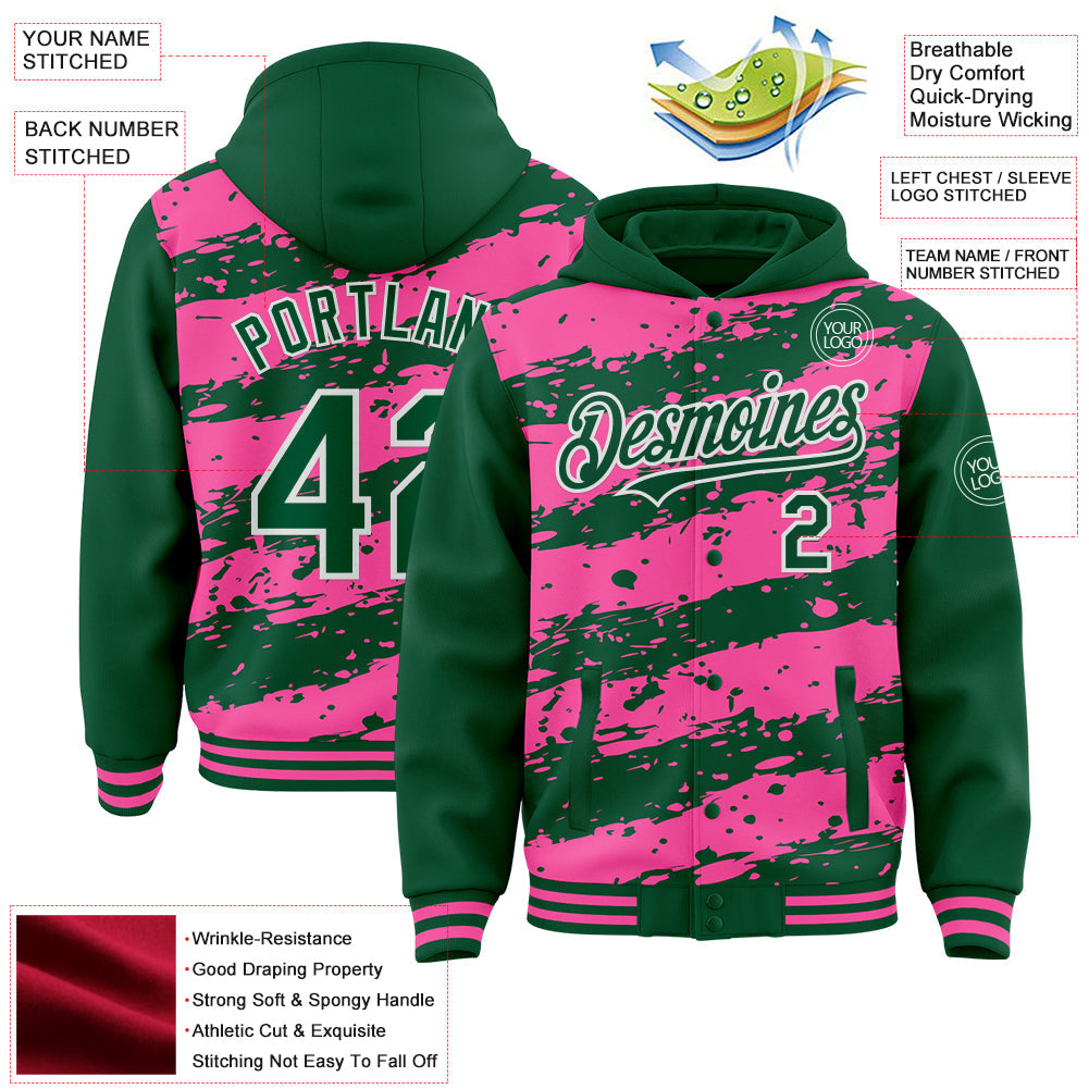 Custom Pink Kelly Green-White Splash 3D Pattern Design Bomber Full-Snap Varsity Letterman Hoodie Jacket view 4