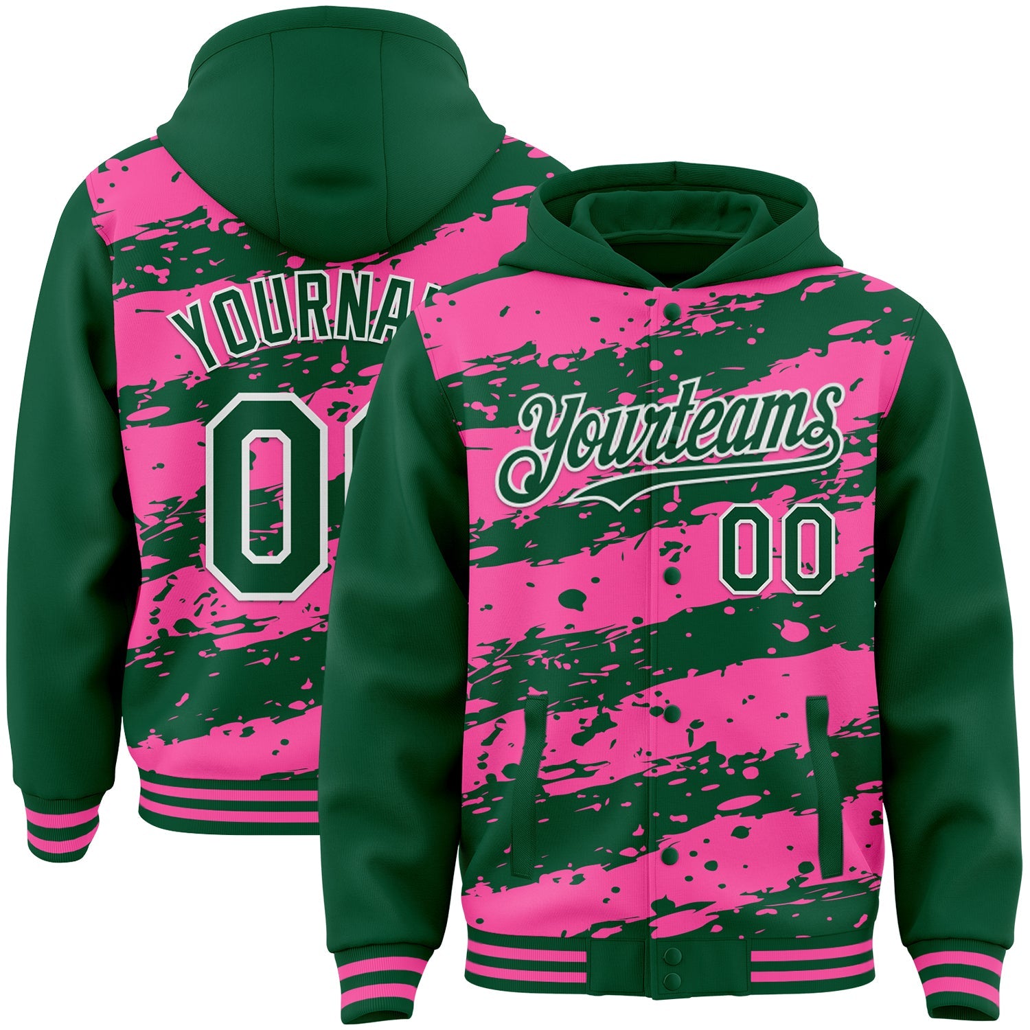 Custom Pink Kelly Green-White Splash 3D Pattern Design Bomber Full-Snap Varsity Letterman Hoodie Jacket - Main View