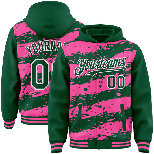 Custom Pink Kelly Green-White Splash 3D Pattern Design Bomber Full-Snap Varsity Letterman Hoodie Jacket - Main View