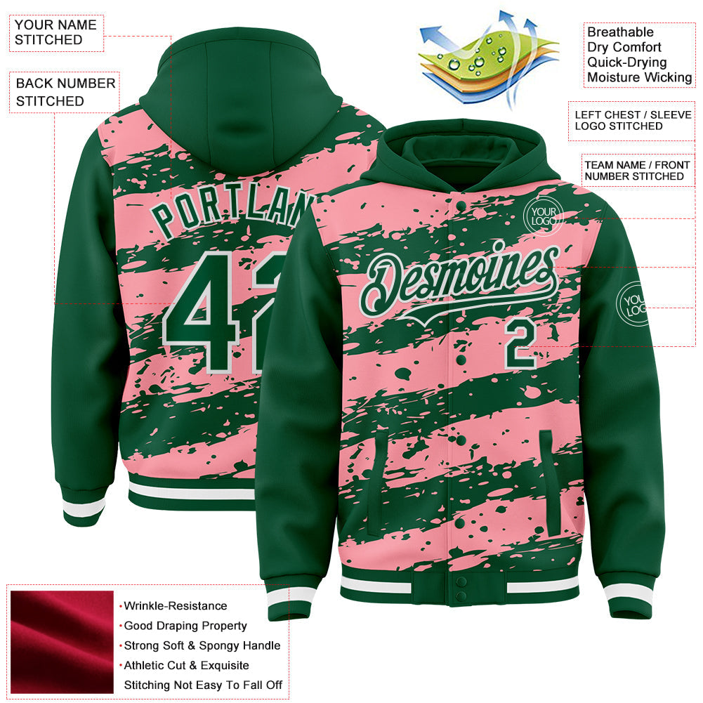 Custom Medium Pink Kelly Green-White Splash 3D Pattern Design Bomber Full-Snap Varsity Letterman Hoodie Jacket view 4