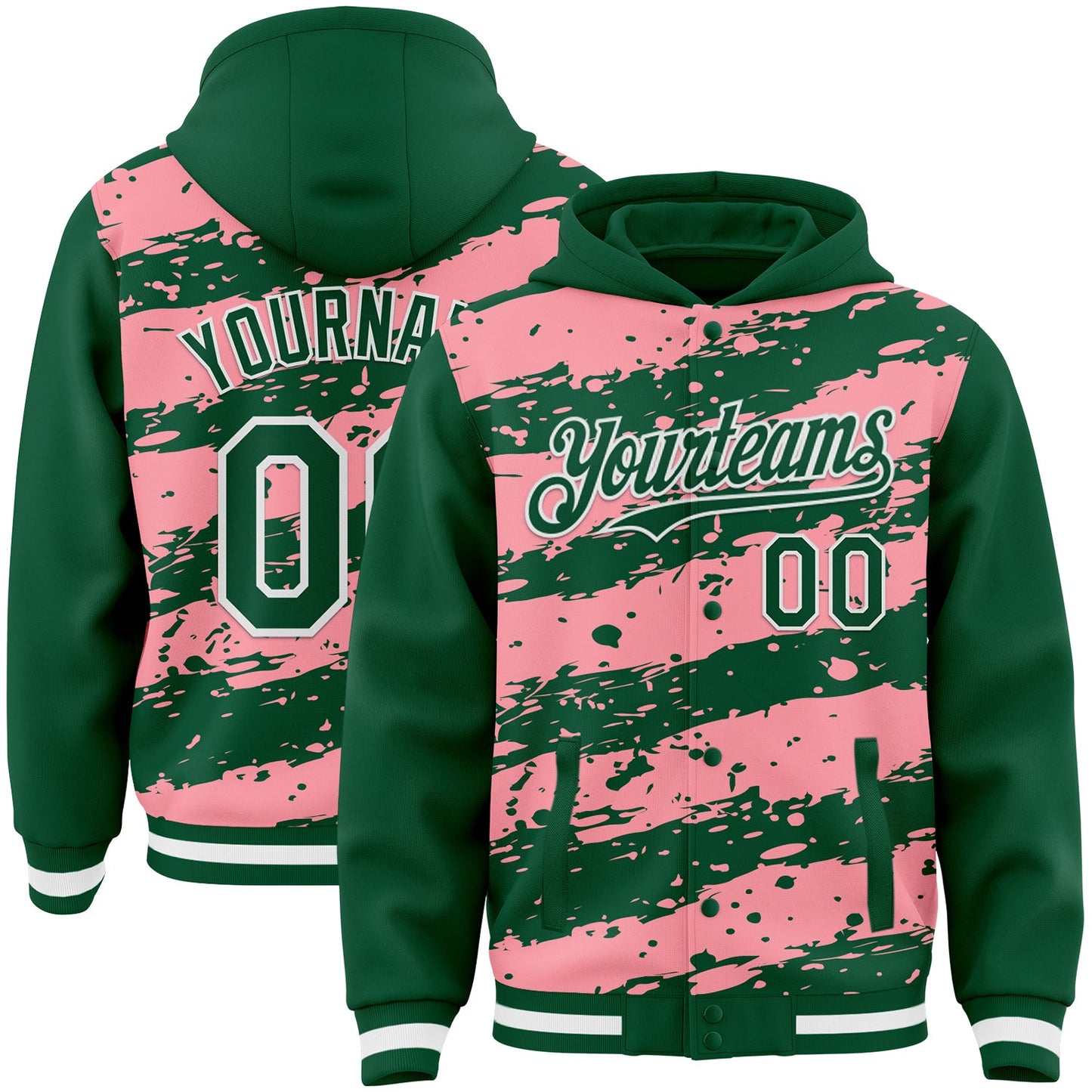 Custom Medium Pink Kelly Green-White Splash 3D Pattern Design Bomber Full-Snap Varsity Letterman Hoodie Jacket - Main View