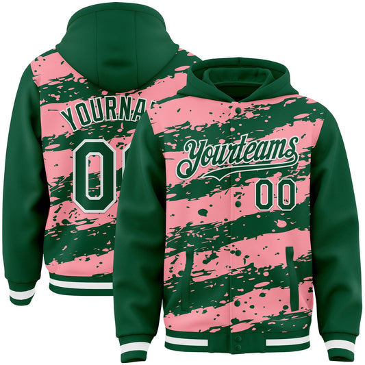 Custom Medium Pink Kelly Green-White Splash 3D Pattern Design Bomber Full-Snap Varsity Letterman Hoodie Jacket - Main View