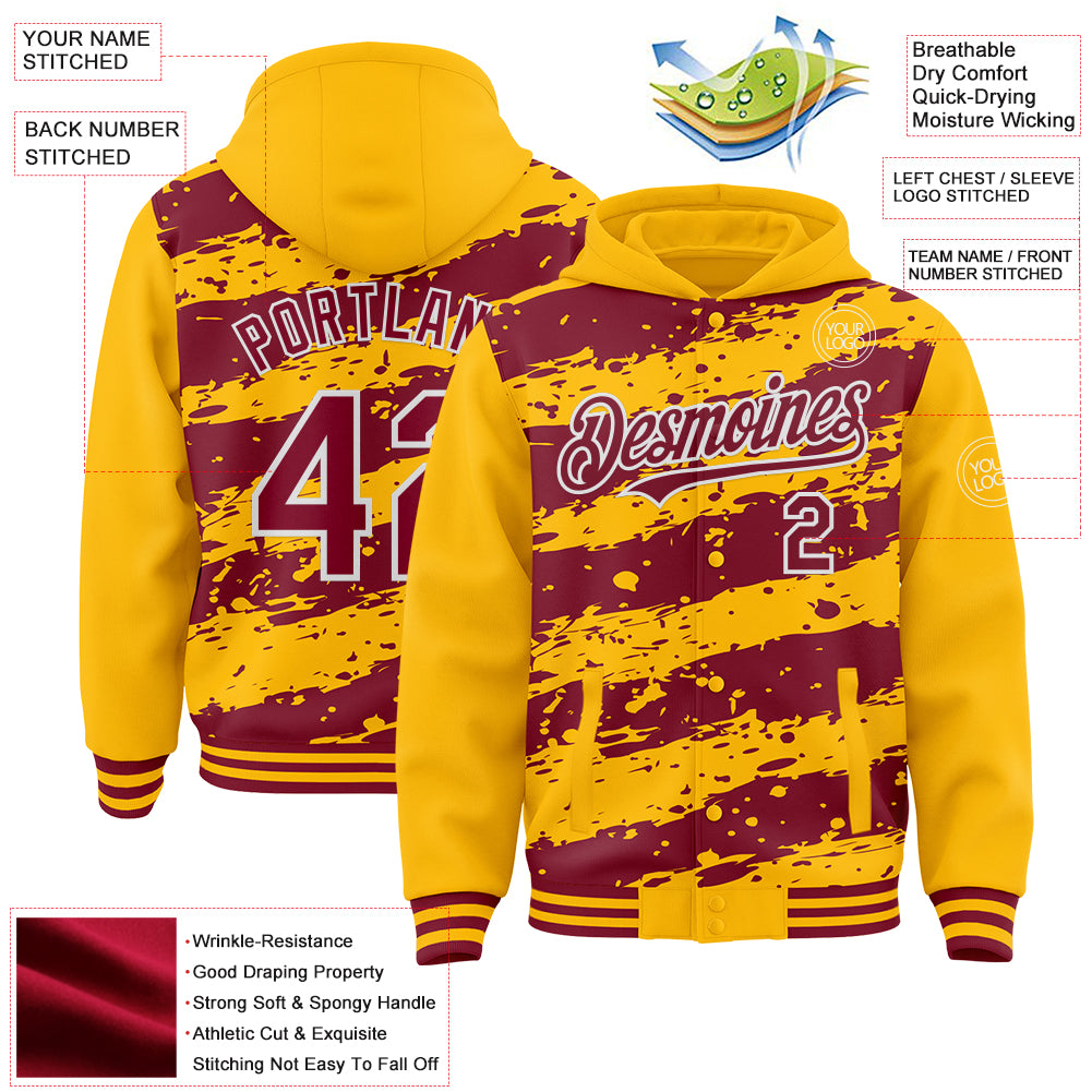 Custom Gold Crimson-White Splash 3D Pattern Design Bomber Full-Snap Varsity Letterman Hoodie Jacket view 4