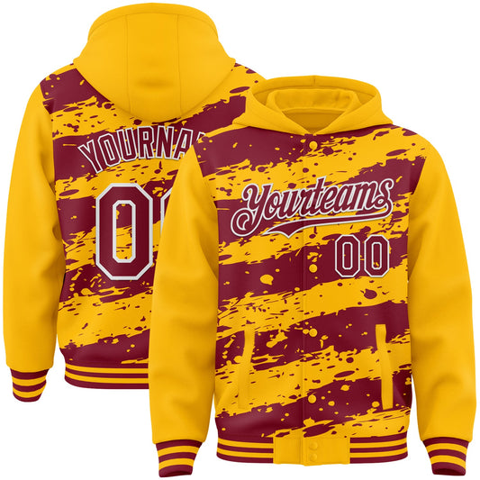 Custom Gold Crimson-White Splash 3D Pattern Design Bomber Full-Snap Varsity Letterman Hoodie Jacket - Main View