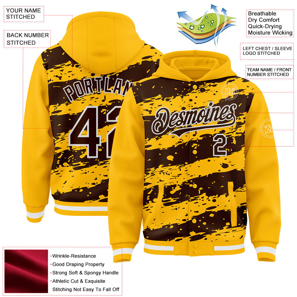 Custom Gold Brown-White Splash 3D Pattern Design Bomber Full-Snap Varsity Letterman Hoodie Jacket view 4