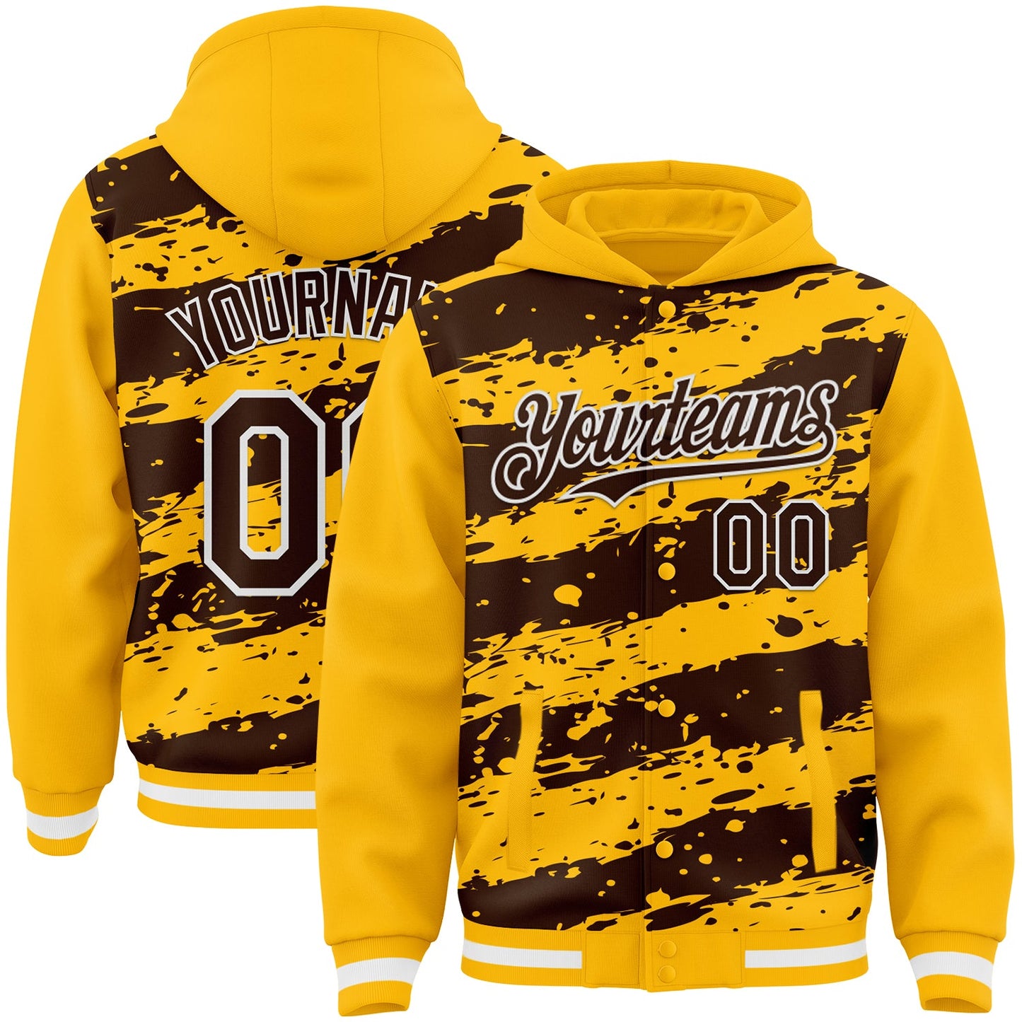 Custom Gold Brown-White Splash 3D Pattern Design Bomber Full-Snap Varsity Letterman Hoodie Jacket - Main View