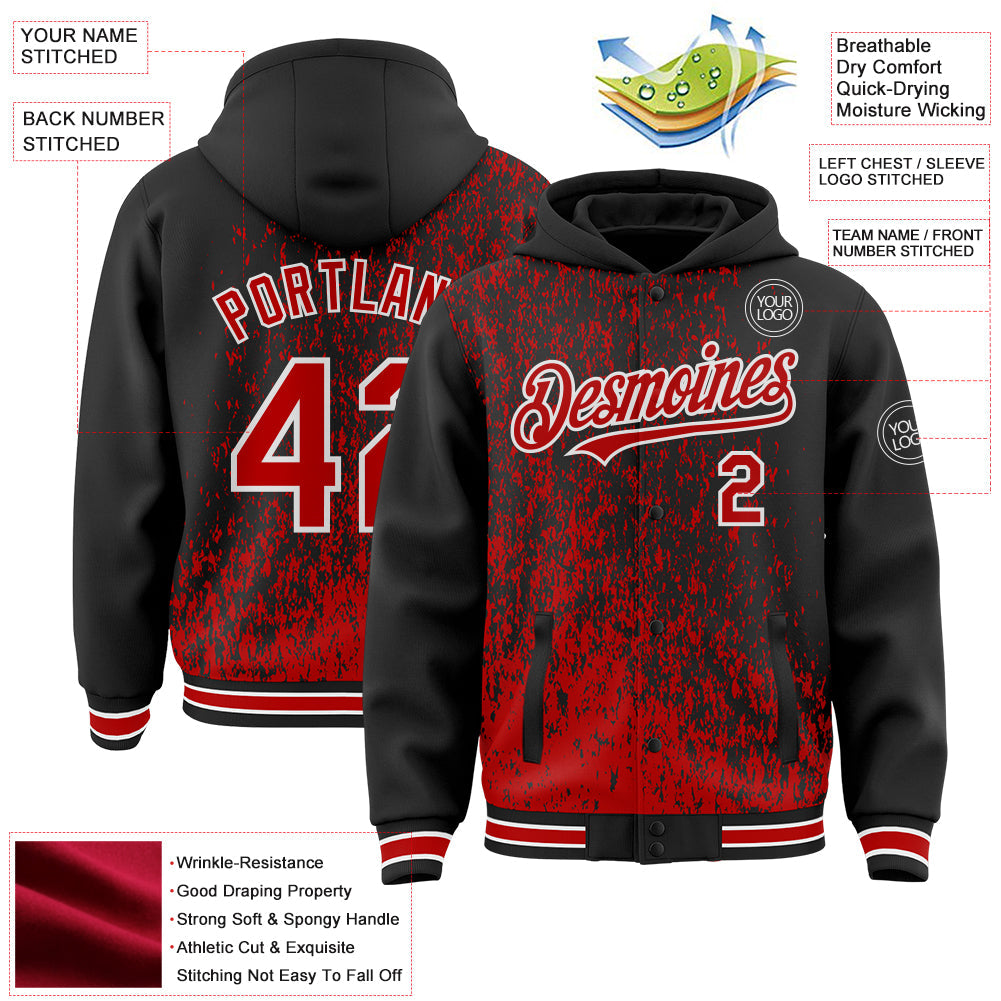 Custom Black Red-White Abstract Fragment Art 3D Pattern Design Bomber Full-Snap Varsity Letterman Hoodie Jacket view 4