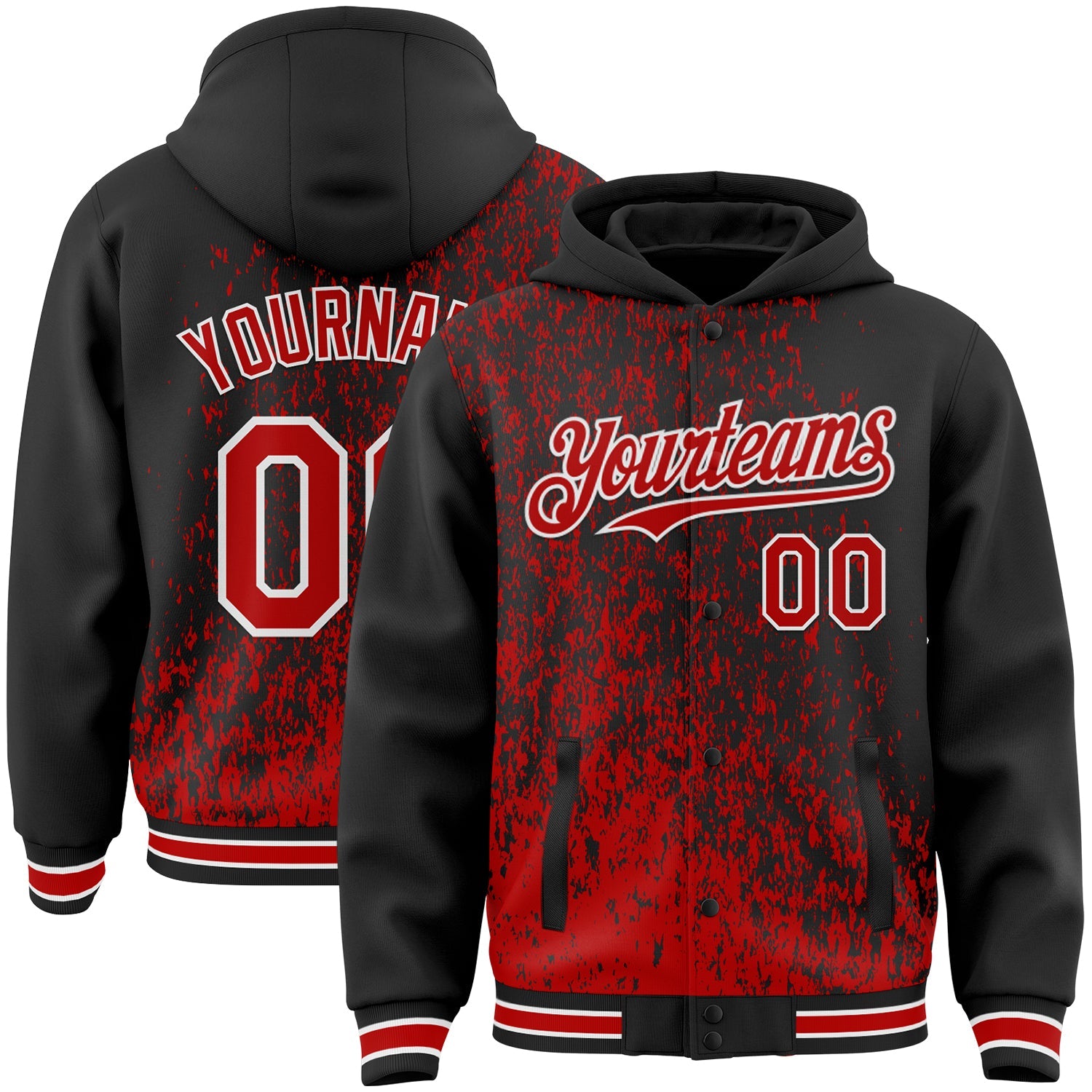 Custom Black Red-White Abstract Fragment Art 3D Pattern Design Bomber Full-Snap Varsity Letterman Hoodie Jacket - Main View