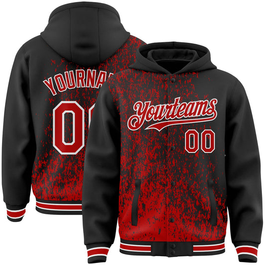 Custom Black Red-White Abstract Fragment Art 3D Pattern Design Bomber Full-Snap Varsity Letterman Hoodie Jacket - Main View