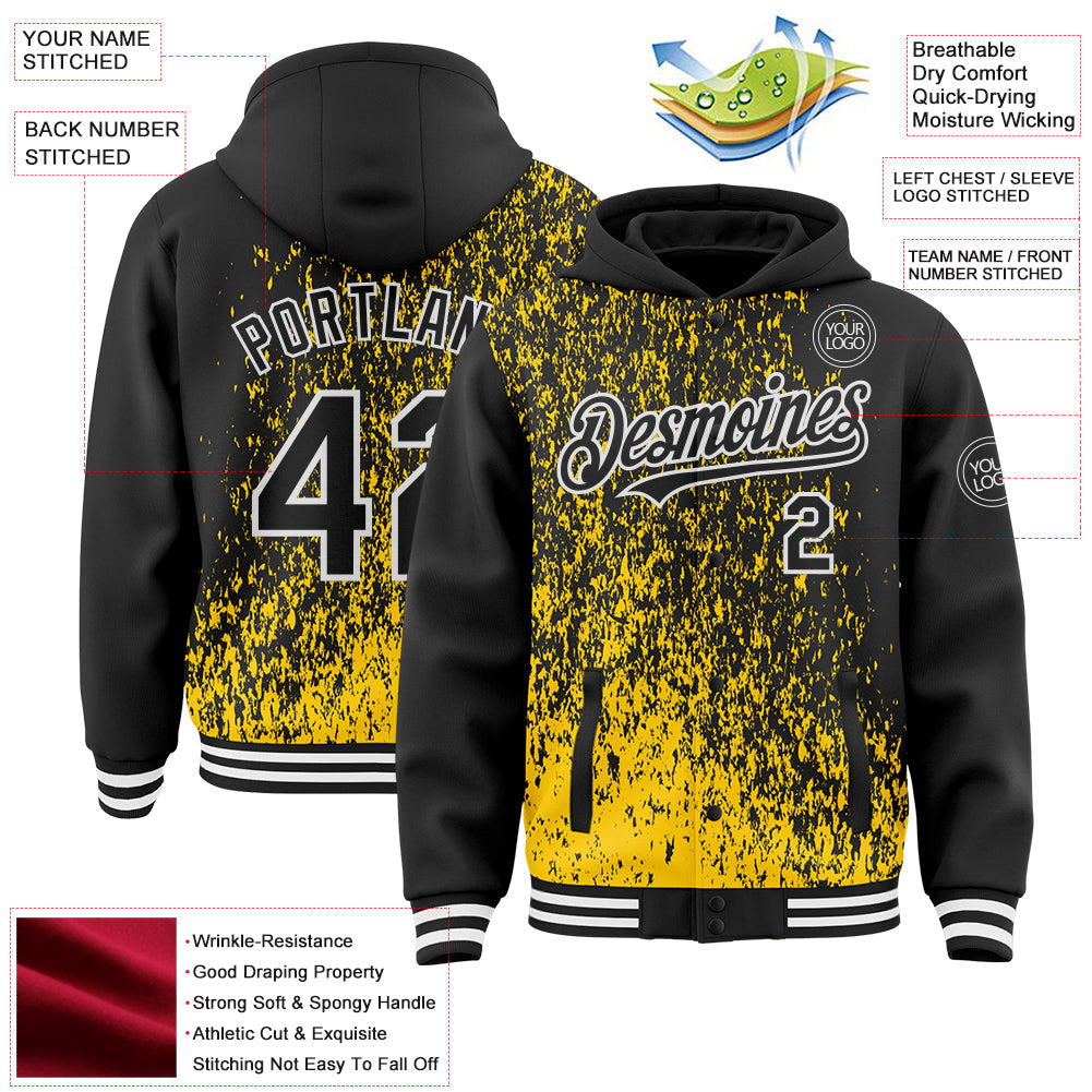 Custom Yellow Black-White Abstract Fragment Art 3D Pattern Design Bomber Full-Snap Varsity Letterman Hoodie Jacket view 4