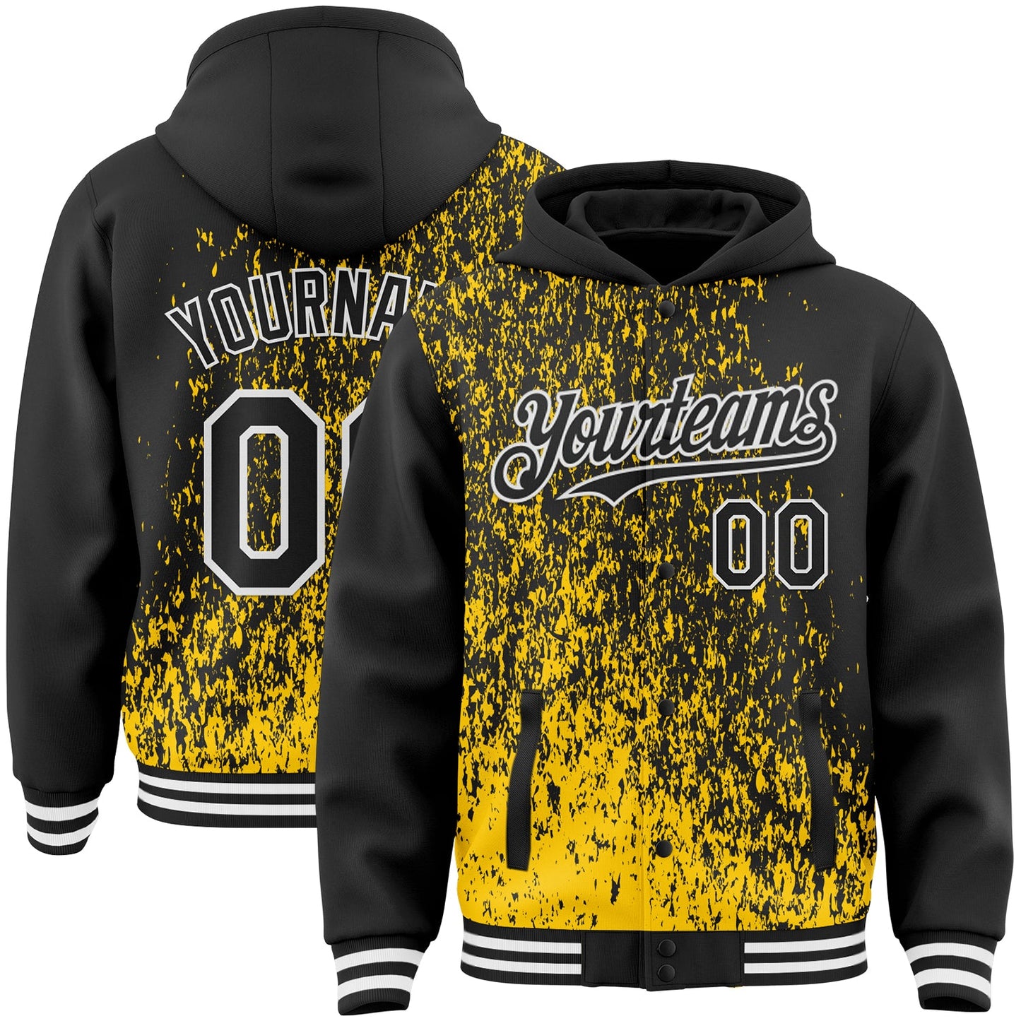 Custom Yellow Black-White Abstract Fragment Art 3D Pattern Design Bomber Full-Snap Varsity Letterman Hoodie Jacket - Main View