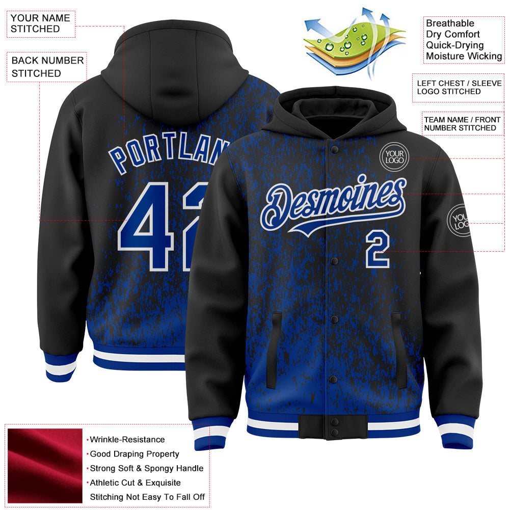 Custom Black Royal-White Abstract Fragment Art 3D Pattern Design Bomber Full-Snap Varsity Letterman Hoodie Jacket view 4