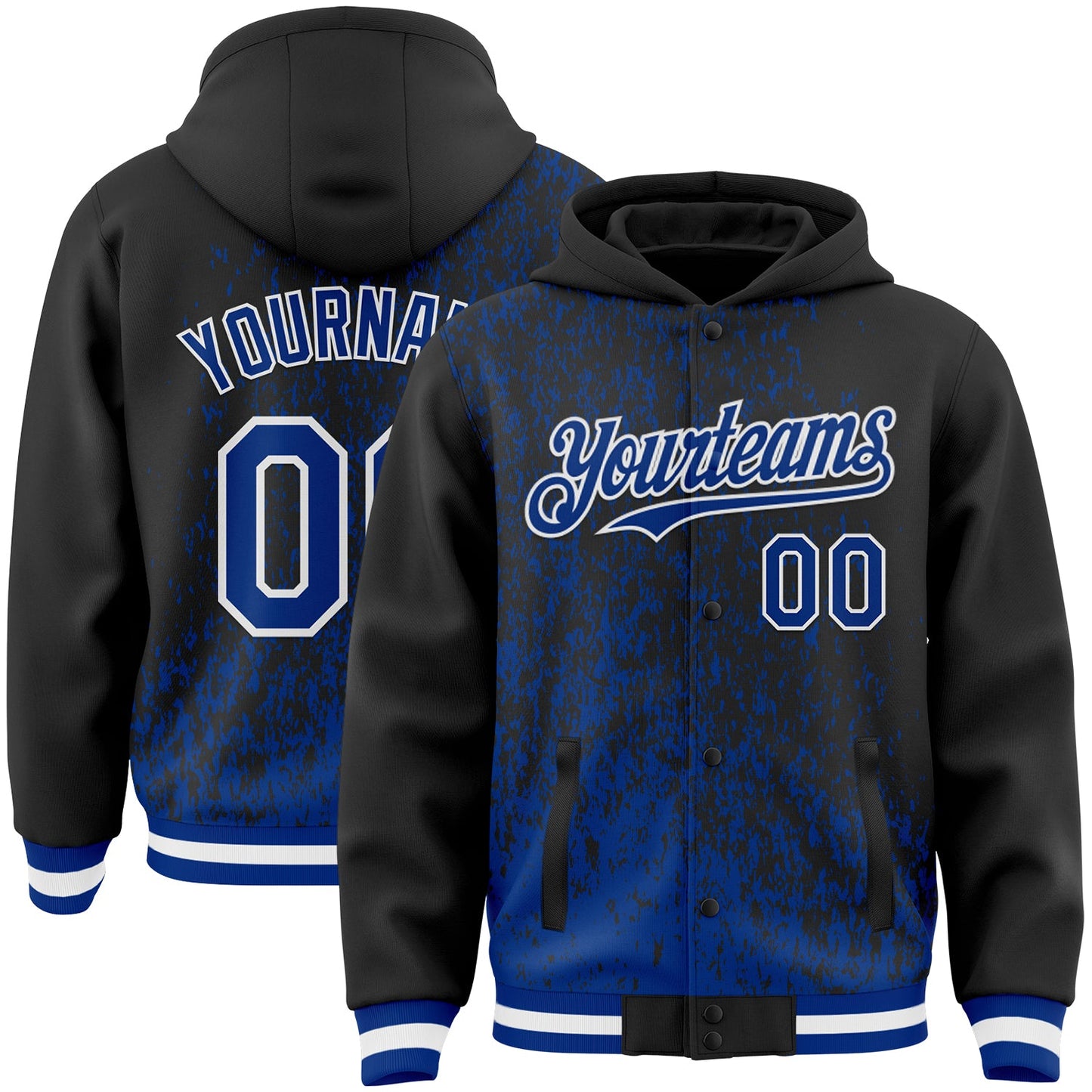 Custom Black Royal-White Abstract Fragment Art 3D Pattern Design Bomber Full-Snap Varsity Letterman Hoodie Jacket - Main View
