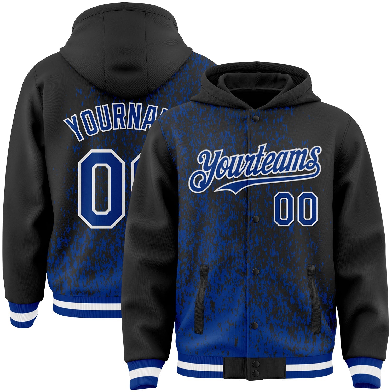 Custom Black Royal-White Abstract Fragment Art 3D Pattern Design Bomber Full-Snap Varsity Letterman Hoodie Jacket - Main View