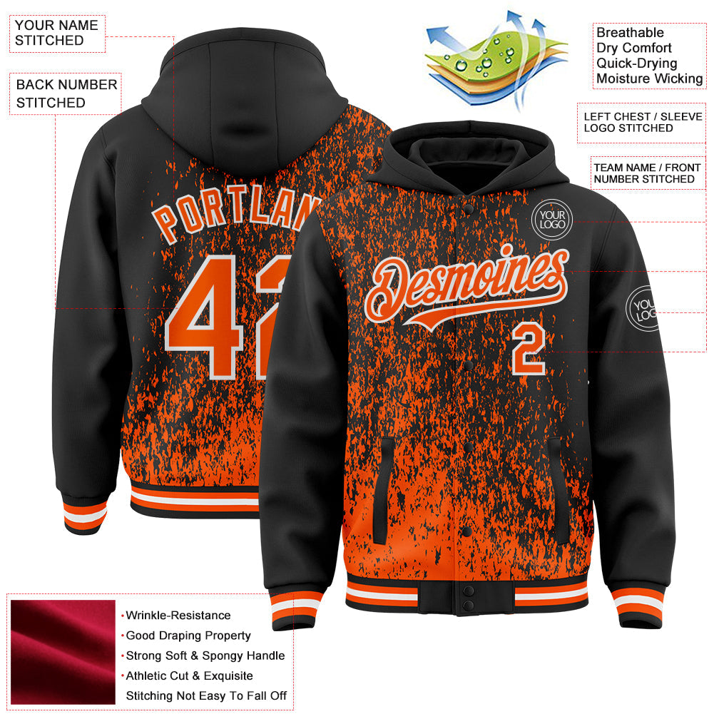 Custom Black Orange-White Abstract Fragment Art 3D Pattern Design Bomber Full-Snap Varsity Letterman Hoodie Jacket view 4