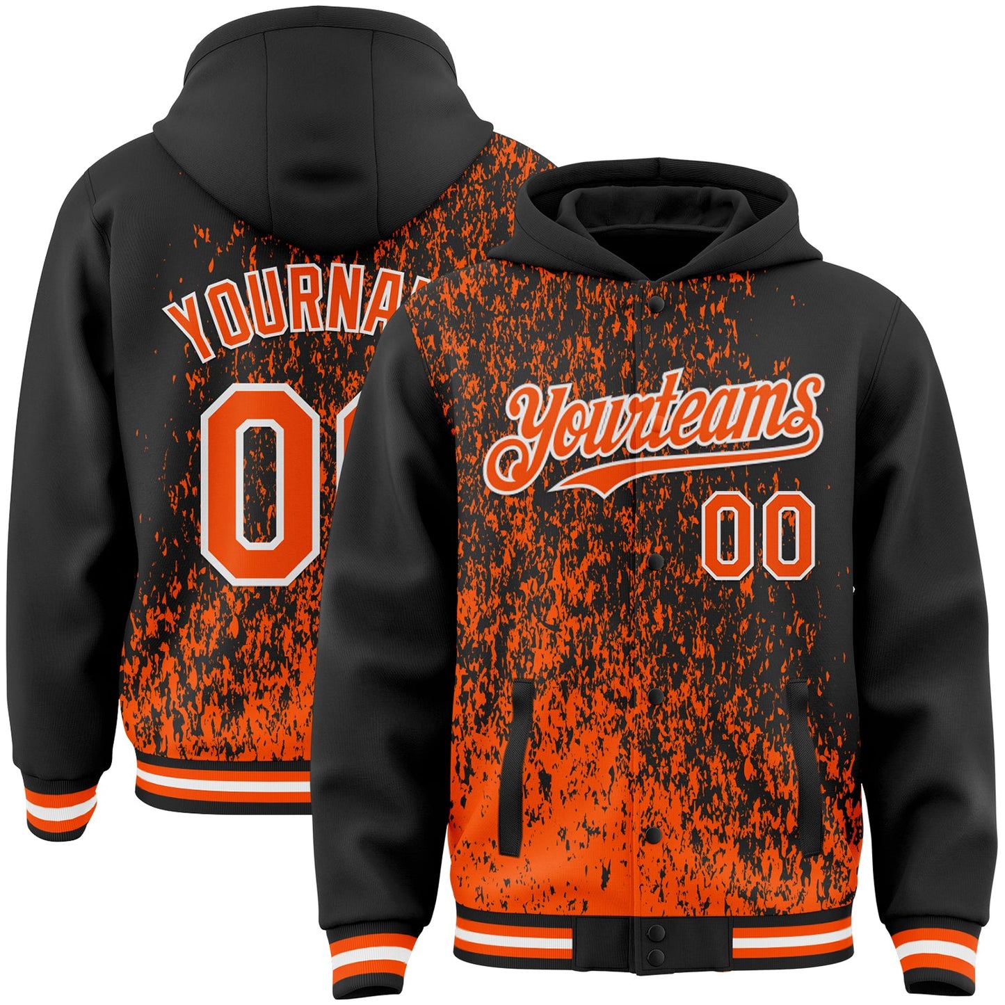 Custom Black Orange-White Abstract Fragment Art 3D Pattern Design Bomber Full-Snap Varsity Letterman Hoodie Jacket - Main View