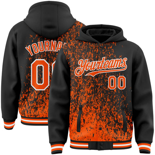 Custom Black Orange-White Abstract Fragment Art 3D Pattern Design Bomber Full-Snap Varsity Letterman Hoodie Jacket - Main View