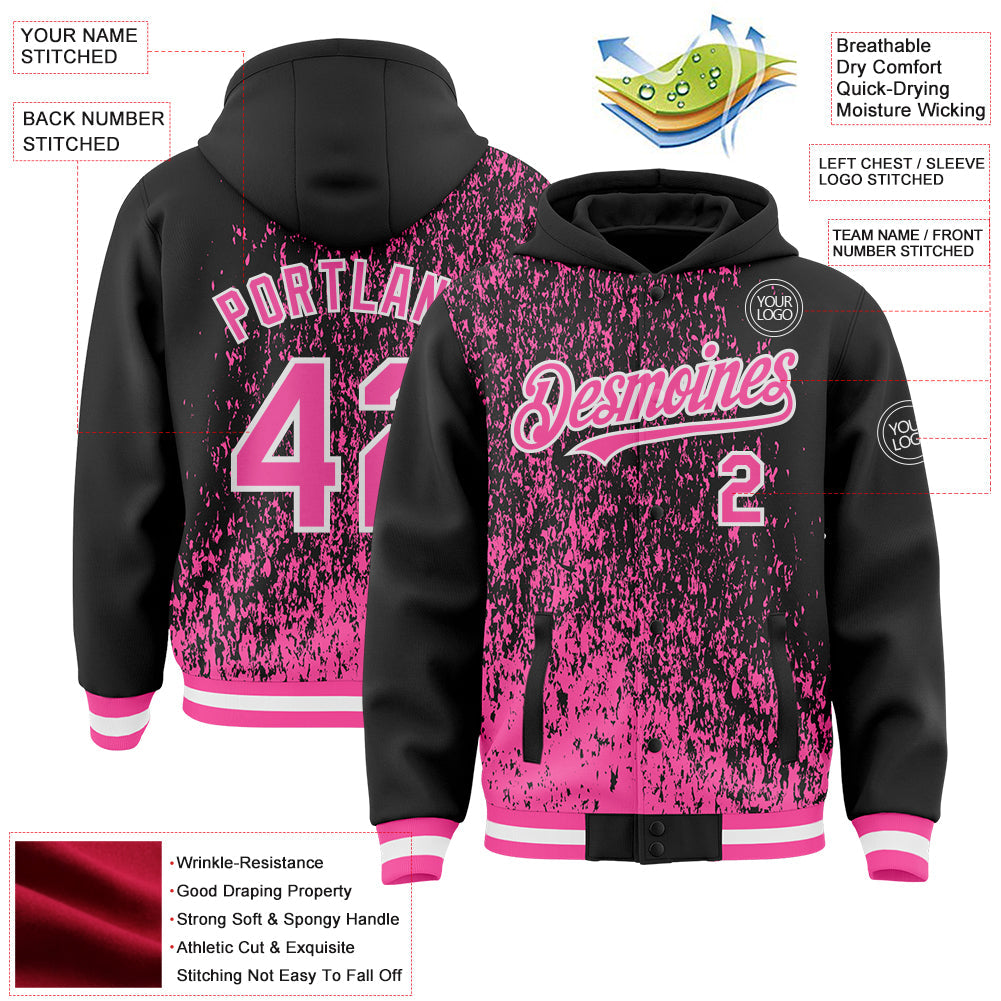 Custom Black Pink-White Abstract Fragment Art 3D Pattern Design Bomber Full-Snap Varsity Letterman Hoodie Jacket view 4