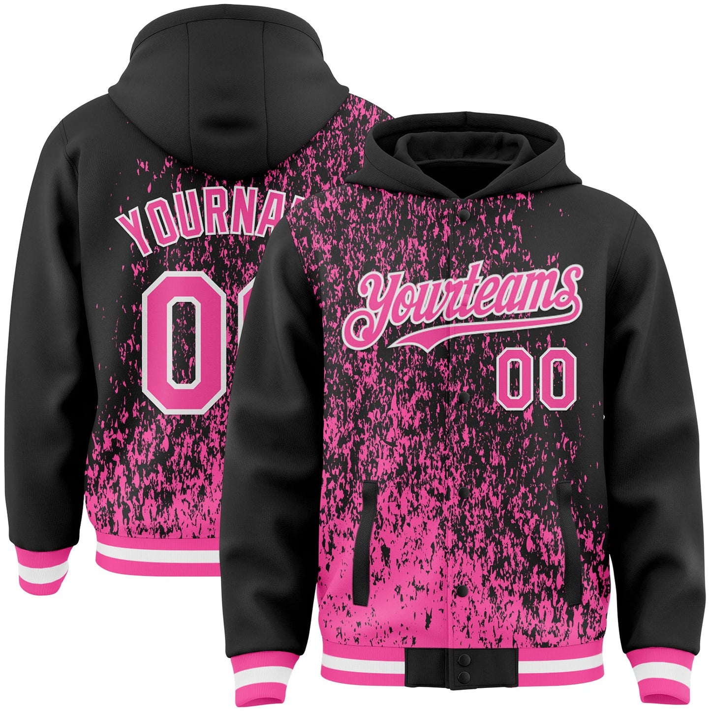 Custom Black Pink-White Abstract Fragment Art 3D Pattern Design Bomber Full-Snap Varsity Letterman Hoodie Jacket - Main View