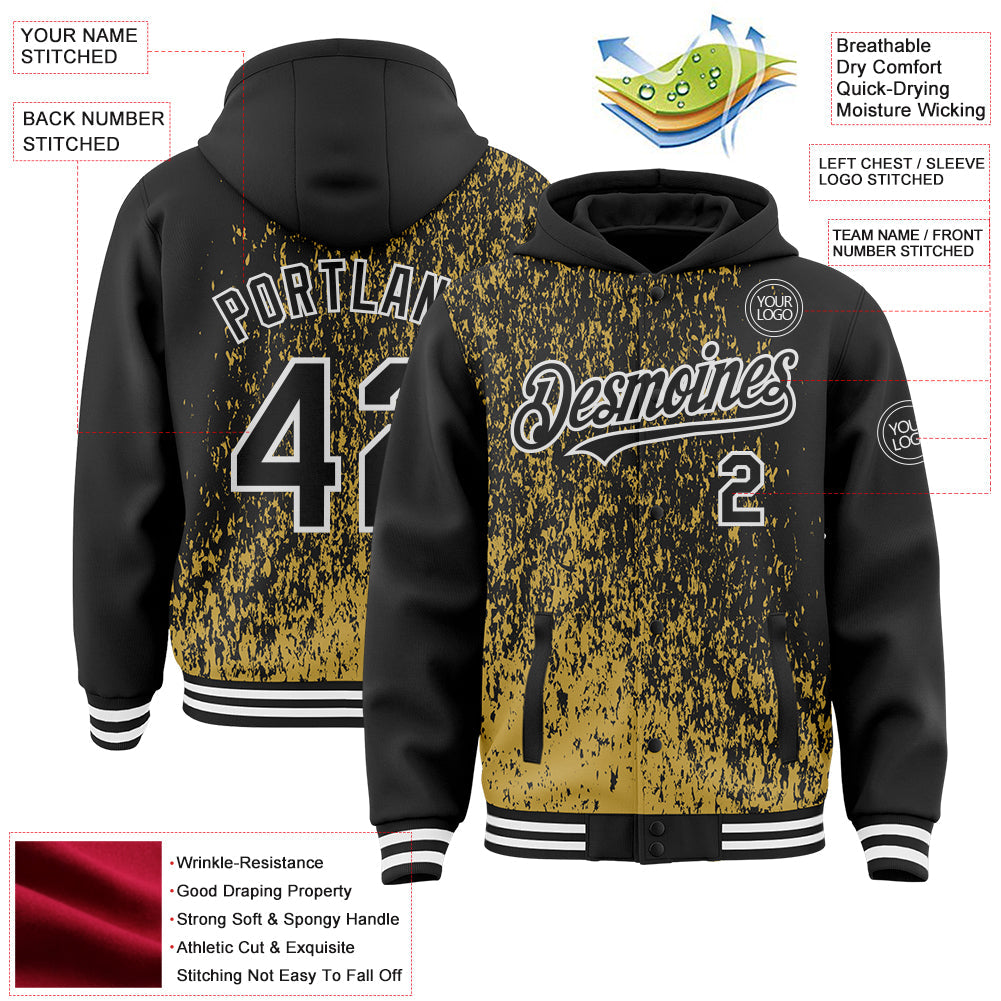 Custom Old Gold Black-White Abstract Fragment Art 3D Pattern Design Bomber Full-Snap Varsity Letterman Hoodie Jacket view 4