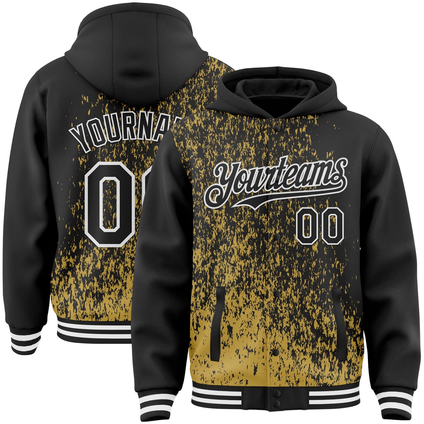 Custom Old Gold Black-White Abstract Fragment Art 3D Pattern Design Bomber Full-Snap Varsity Letterman Hoodie Jacket - Main View