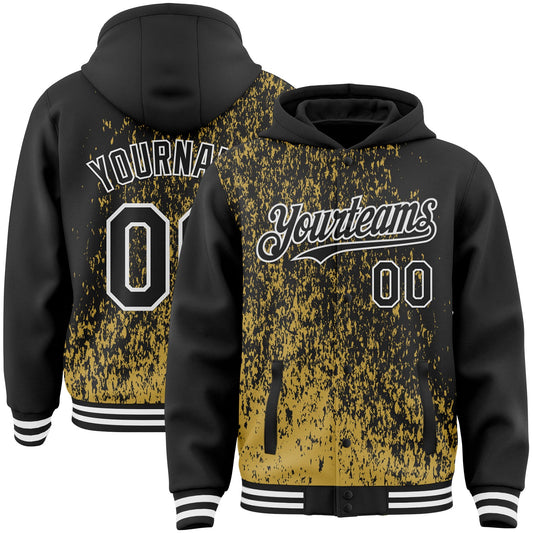 Custom Old Gold Black-White Abstract Fragment Art 3D Pattern Design Bomber Full-Snap Varsity Letterman Hoodie Jacket - Main View