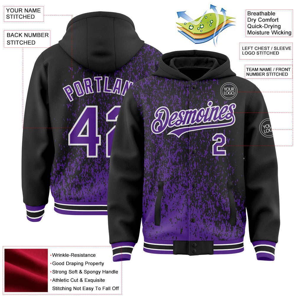 Custom Black Purple-White Abstract Fragment Art 3D Pattern Design Bomber Full-Snap Varsity Letterman Hoodie Jacket view 4