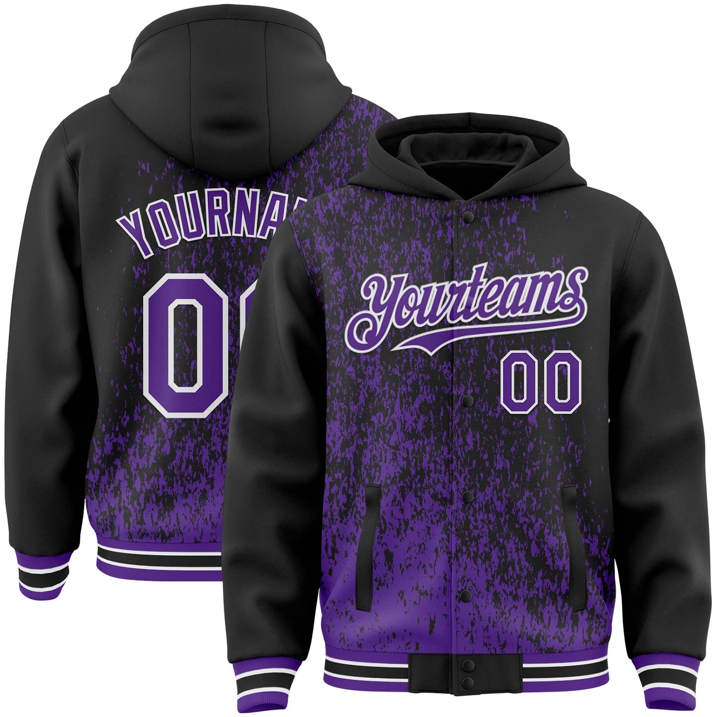 Custom Black Purple-White Abstract Fragment Art 3D Pattern Design Bomber Full-Snap Varsity Letterman Hoodie Jacket - Main View