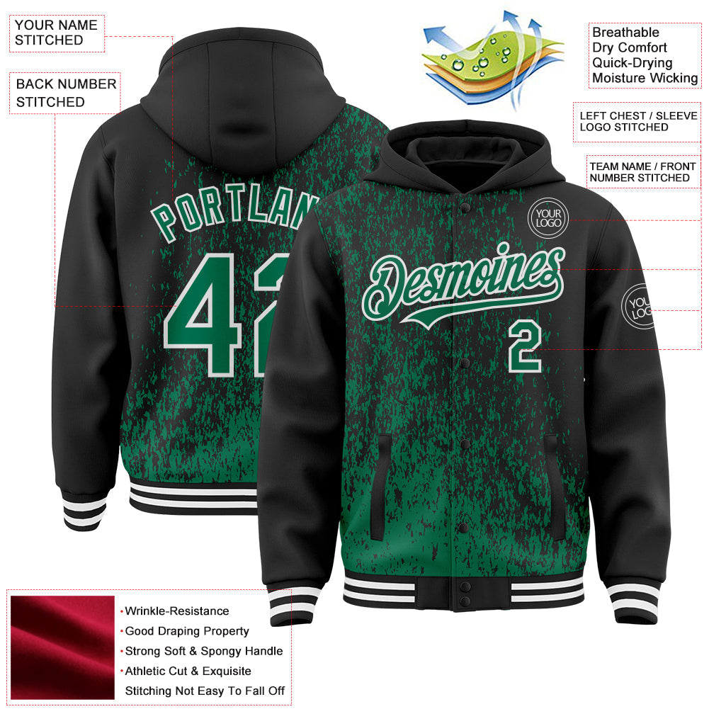 Custom Black Kelly Green-White Abstract Fragment Art 3D Pattern Design Bomber Full-Snap Varsity Letterman Hoodie Jacket view 4