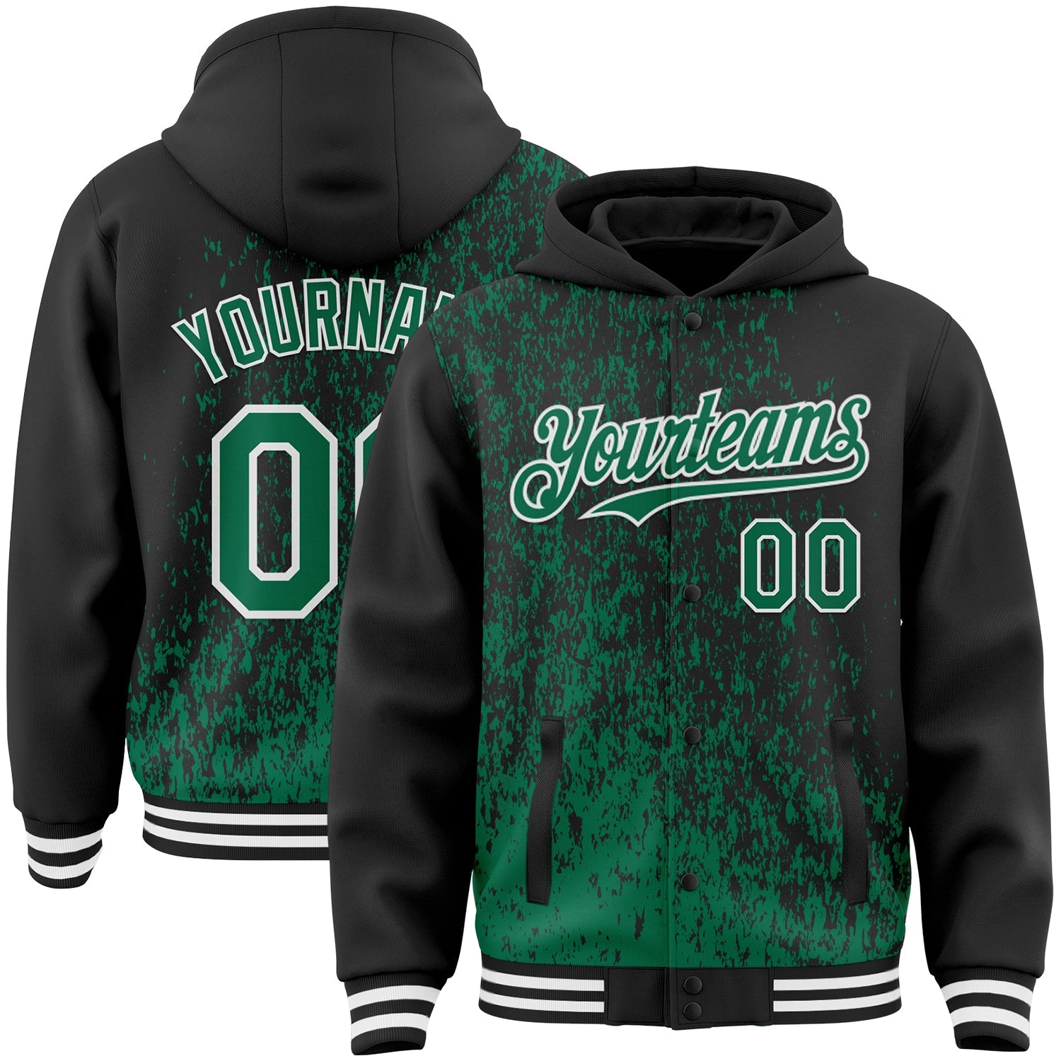 Custom Black Kelly Green-White Abstract Fragment Art 3D Pattern Design Bomber Full-Snap Varsity Letterman Hoodie Jacket - Main View