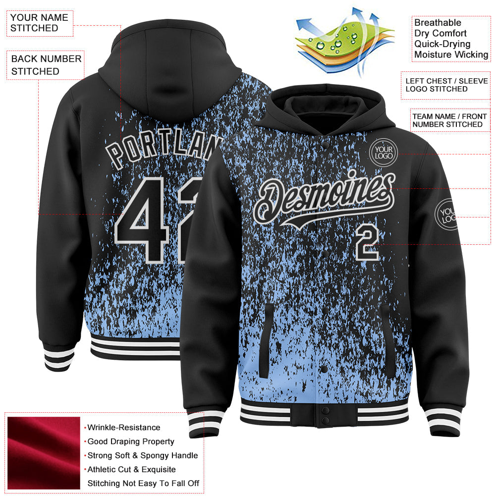 Custom Light Blue Black-White Abstract Fragment Art 3D Pattern Design Bomber Full-Snap Varsity Letterman Hoodie Jacket view 4