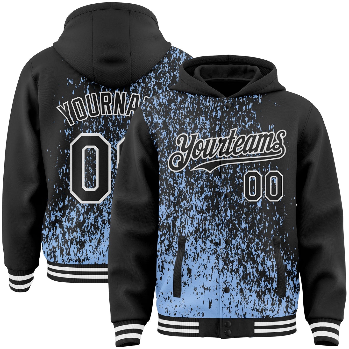 Custom Light Blue Black-White Abstract Fragment Art 3D Pattern Design Bomber Full-Snap Varsity Letterman Hoodie Jacket - Main View