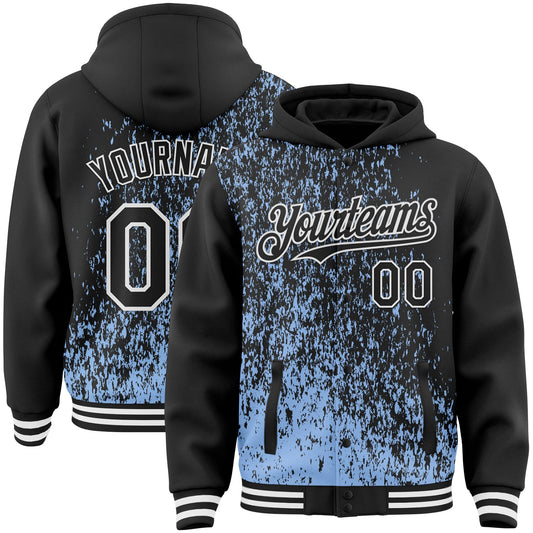 Custom Light Blue Black-White Abstract Fragment Art 3D Pattern Design Bomber Full-Snap Varsity Letterman Hoodie Jacket - Main View