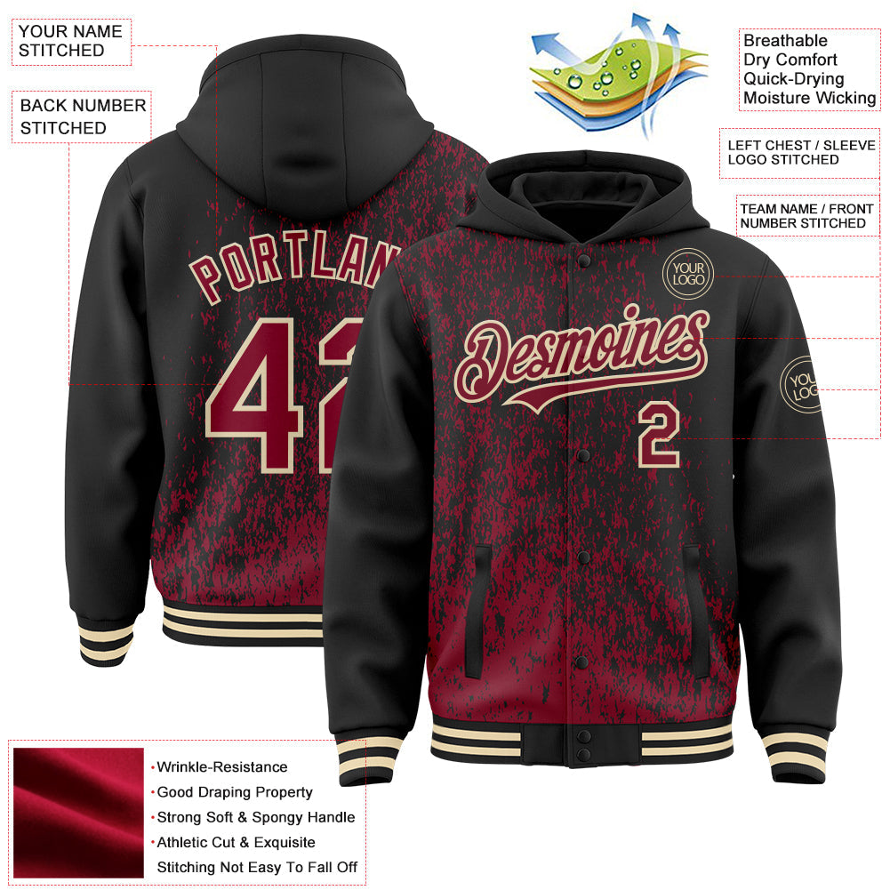 Custom Black Crimson-Cream Abstract Fragment Art 3D Pattern Design Bomber Full-Snap Varsity Letterman Hoodie Jacket view 4