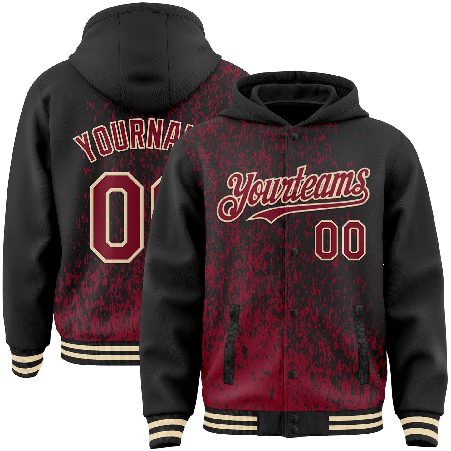 Custom Black Crimson-Cream Abstract Fragment Art 3D Pattern Design Bomber Full-Snap Varsity Letterman Hoodie Jacket - Main View