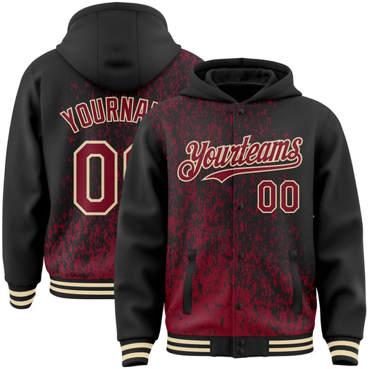 Custom Black Crimson-Cream Abstract Fragment Art 3D Pattern Design Bomber Full-Snap Varsity Letterman Hoodie Jacket - Main View