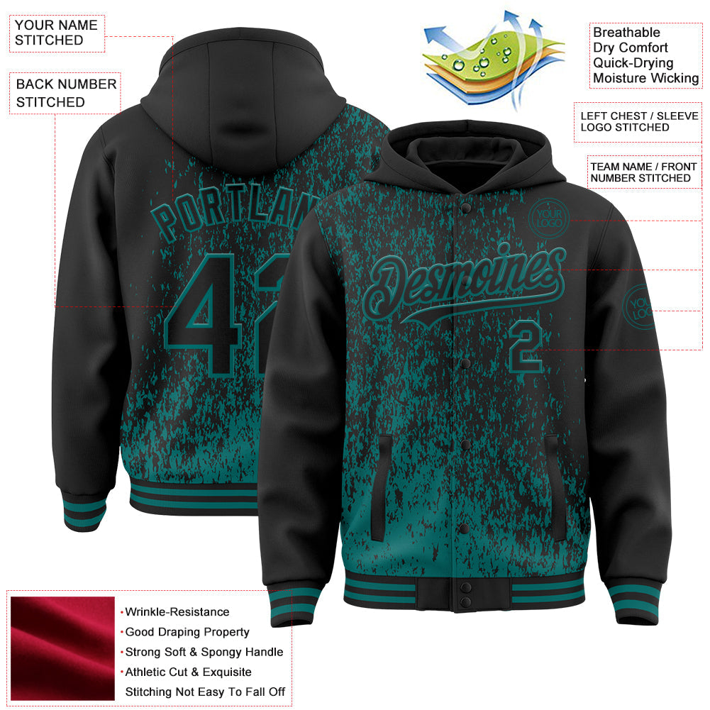 Custom Black Black-Teal Abstract Fragment Art 3D Pattern Design Bomber Full-Snap Varsity Letterman Hoodie Jacket view 4