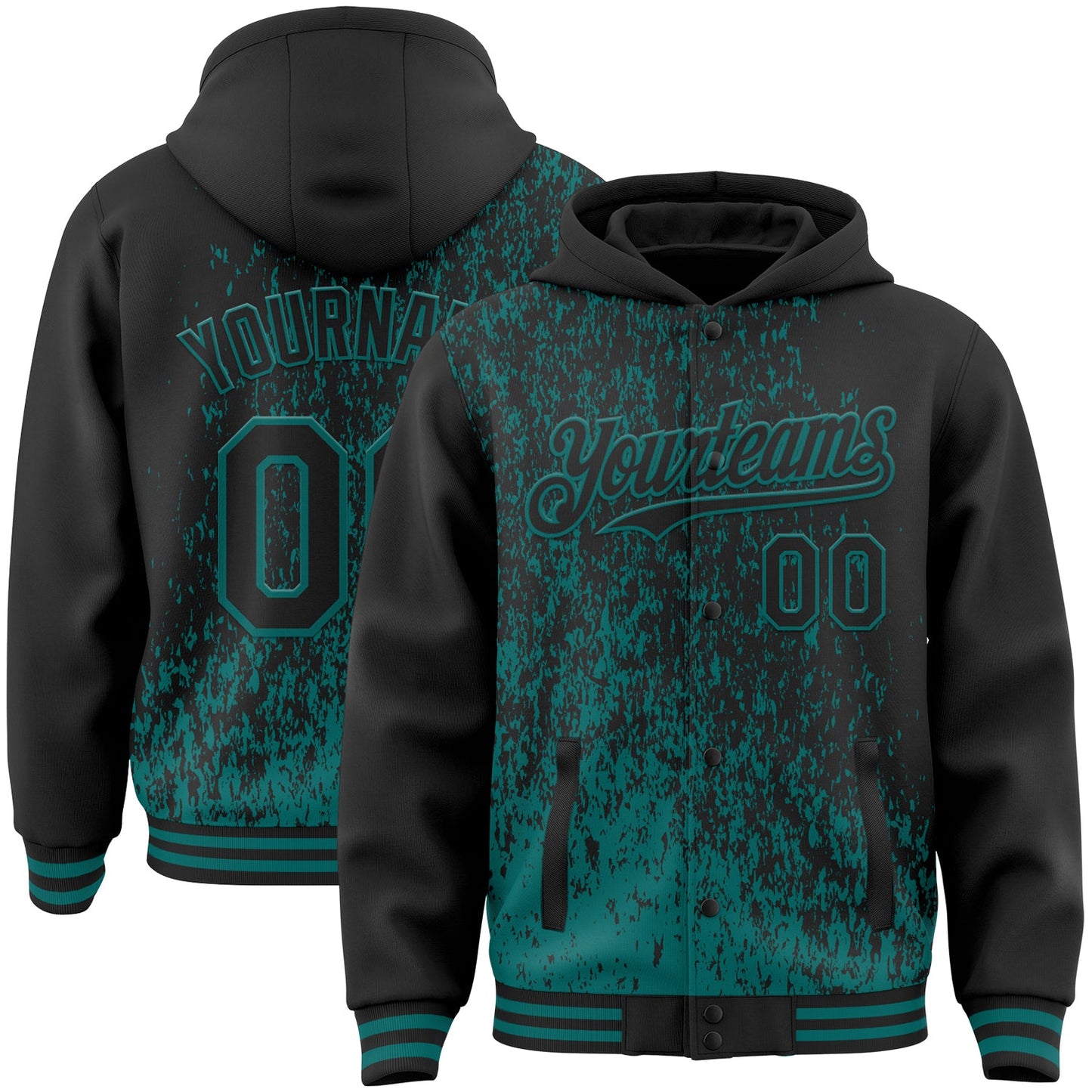 Custom Black Black-Teal Abstract Fragment Art 3D Pattern Design Bomber Full-Snap Varsity Letterman Hoodie Jacket - Main View