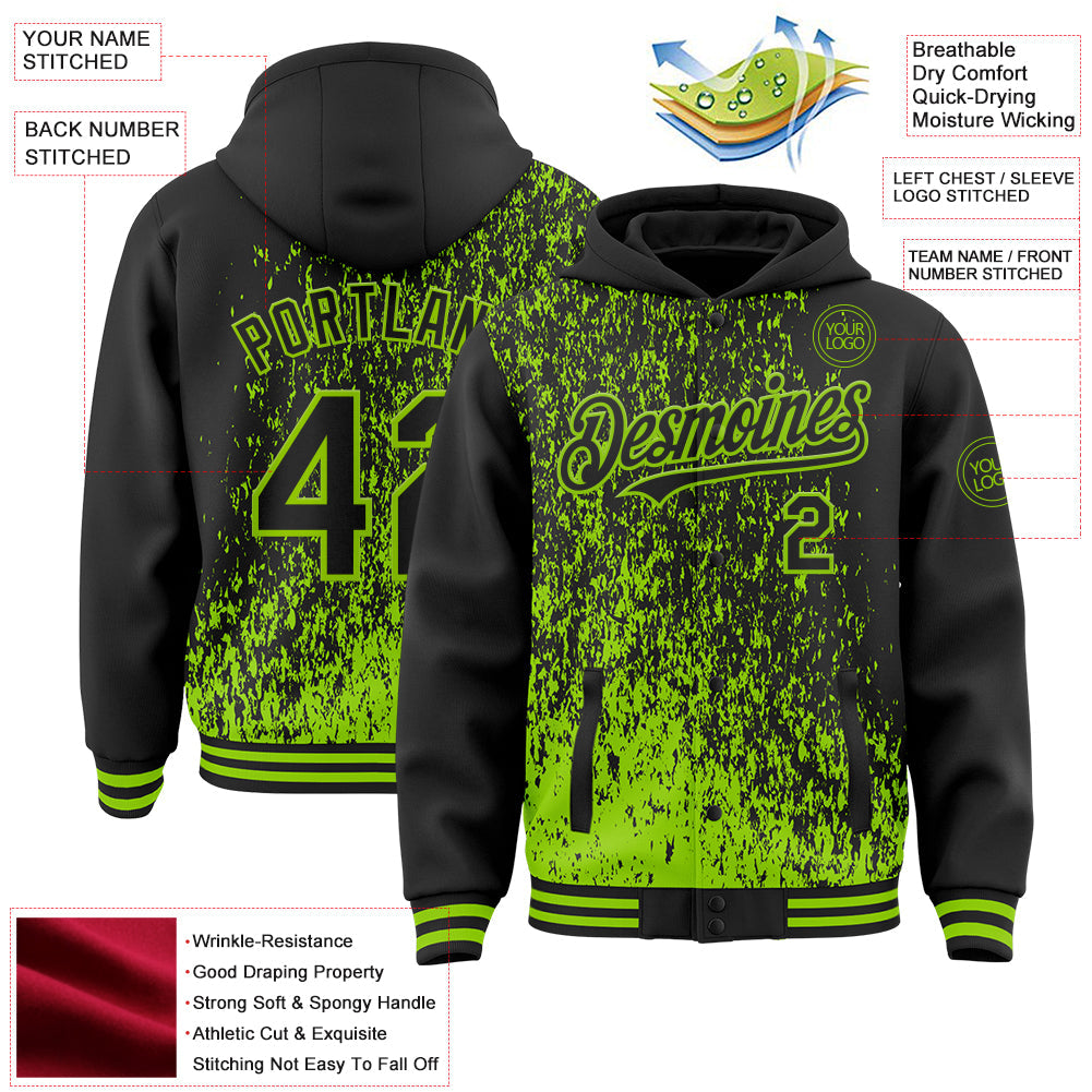 Custom Black Black-Neon Green Abstract Fragment Art 3D Pattern Design Bomber Full-Snap Varsity Letterman Hoodie Jacket view 4
