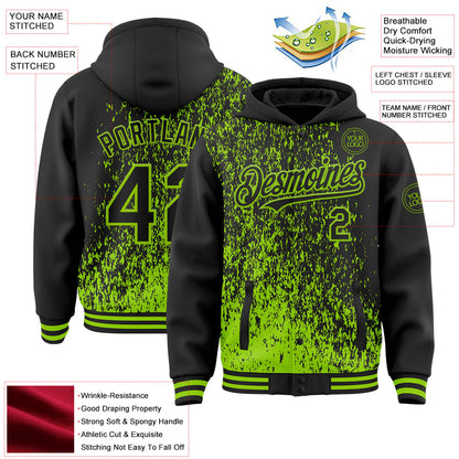 Custom Black Black-Neon Green Abstract Fragment Art 3D Pattern Design Bomber Full-Snap Varsity Letterman Hoodie Jacket view 4